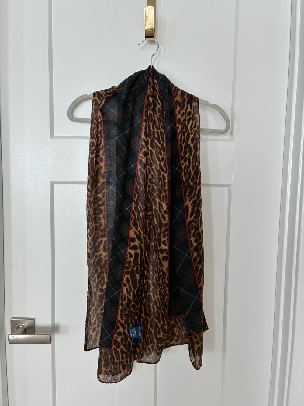 Chaps Woman’s Leopard Print Sheer Scarf with Plaid Trim